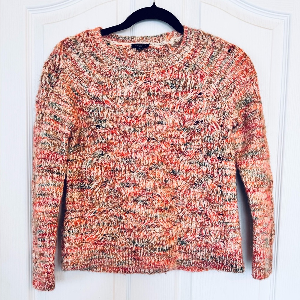 Talbots Multicolor Cable Knit Wool Blend Sweater Tan Red Size SP